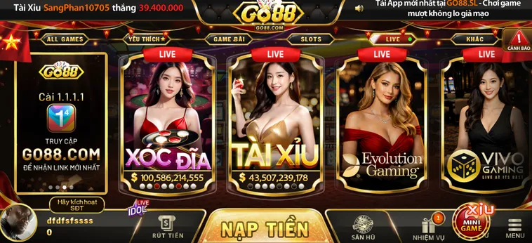 Sảnh game Go88 đa dạng hình thức thu hút người chơi.