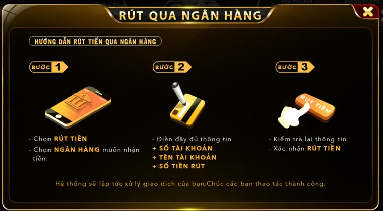 Hướng dẫn rút tiền qua tài khoản ngân hàng.